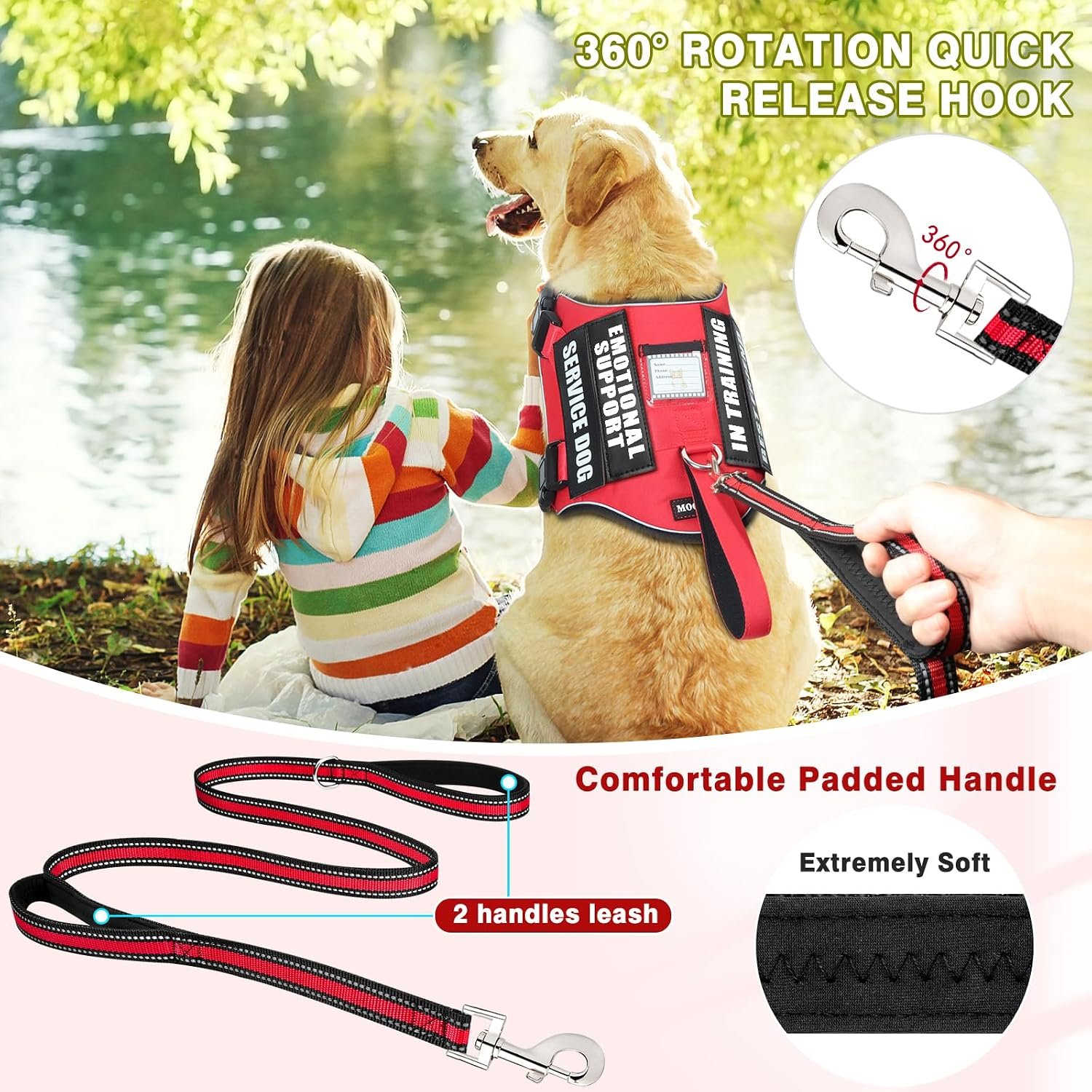 Service Dog Vest Harness and Leash Set+10 Patches,No Pull&Adjustable Reflective Dog Harness with Soft Padded Handle for Training/Everyday,Fit Small/Medium/Large/Extra-Large Dogs (Red S) - Image 2