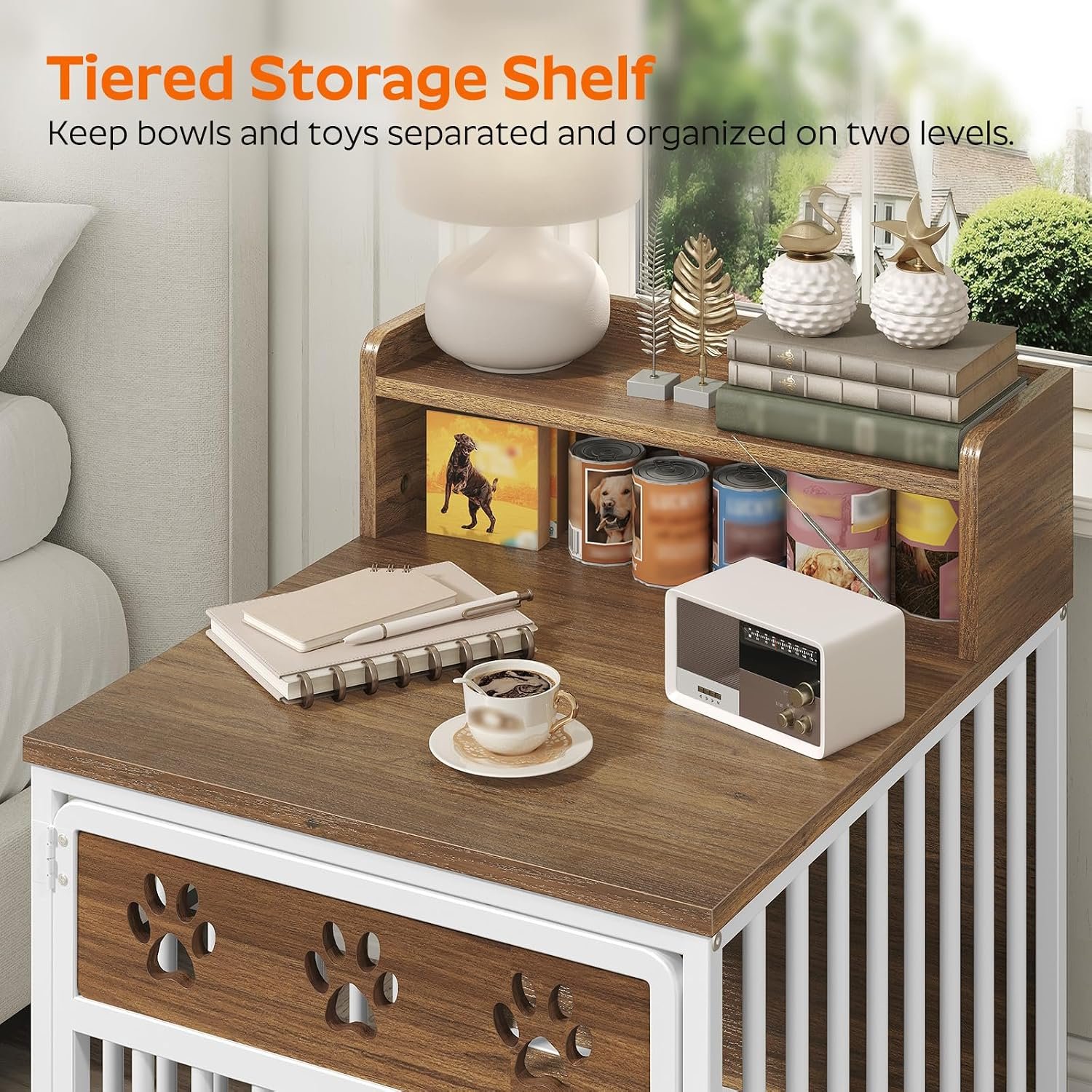 YATINEY Dog Crate Furniture, Wooden Dog Kennel with Storage, Indoor Pet Crate End Table, Two-Tier Small Dogs House, Chew-Proof, for Living Room, Bedroom, White and Walnut DC01WH - Image 3