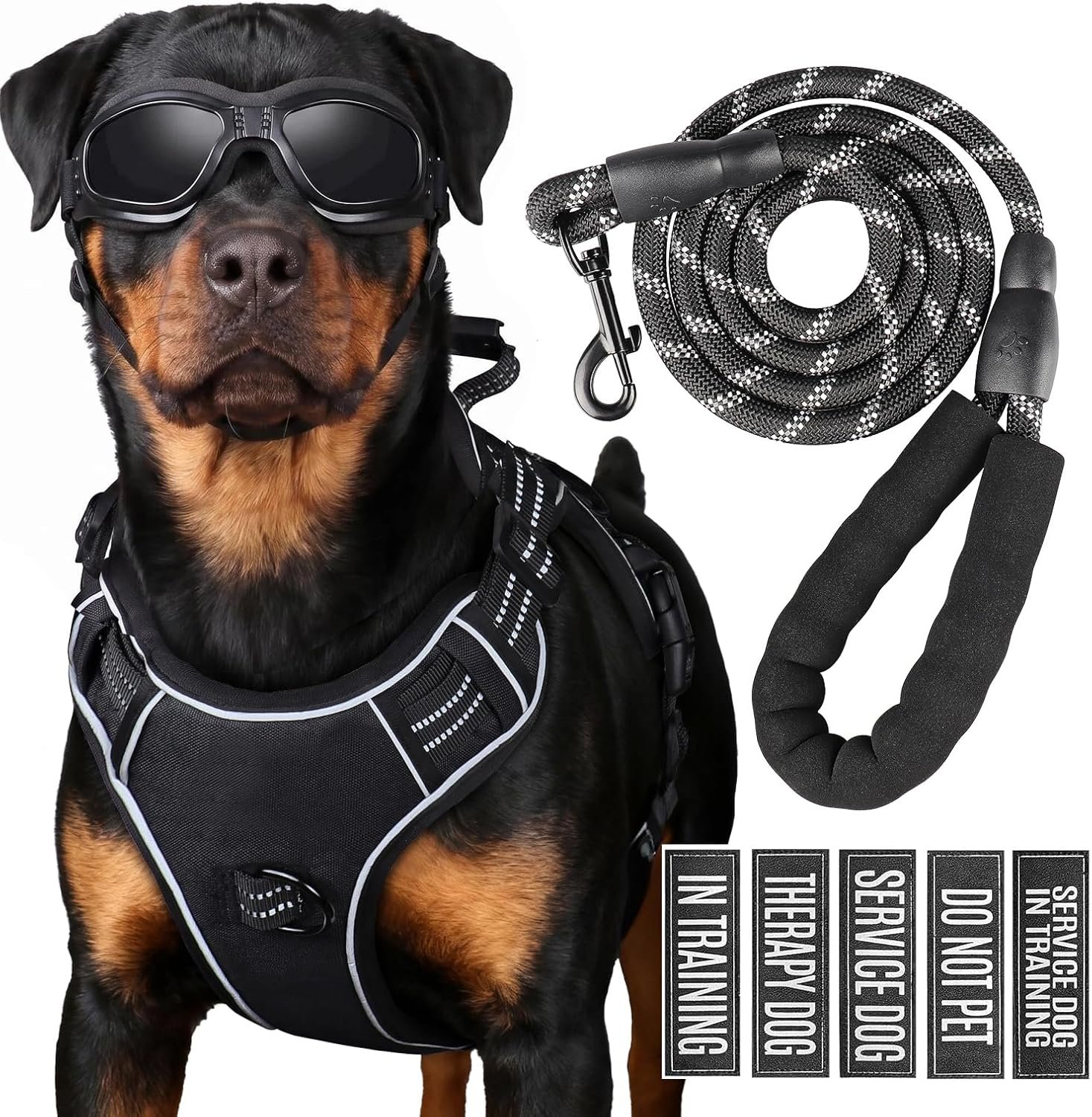Dog Harness and Leash Set for Large Dogs, No Pull Tactical Dog Harness, Service Dog Vest with Name Patches, Adjustable Reflective Military Dog Harness with Handle & MOLLE for Training, Black, L