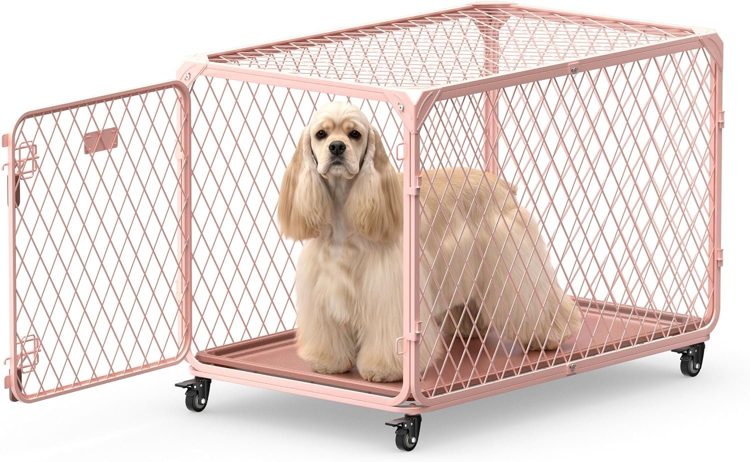 36 Inch Diamond Mesh Medium Dog Crate, 100Lb Capacity, Light Pink - Image 2
