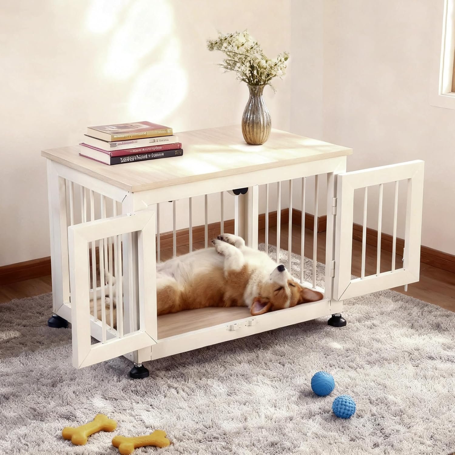 26 Inch Dog Crate Furniture, Heavy Duty Dog Crate for Small Dogs, Indestructible Cage for High Anxiety Dogs with Wooden Table for Indoor Decorative, Escape-Proof Locks & Double Door Cage - Image 5