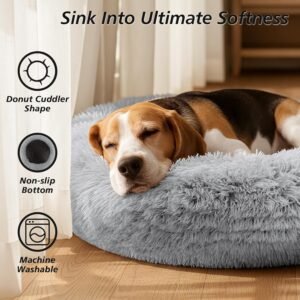 Alternative view of JOLLYVOGUE Calming Dog Bed Medium Size Dog, 31in Donut Washable Medium Pet Bed, Anti-Slip & Anti-Anxiety Fluffy Faux Fur Round Dogs Bed, Fits up to 45 lbs Pets (Smoke Grey)