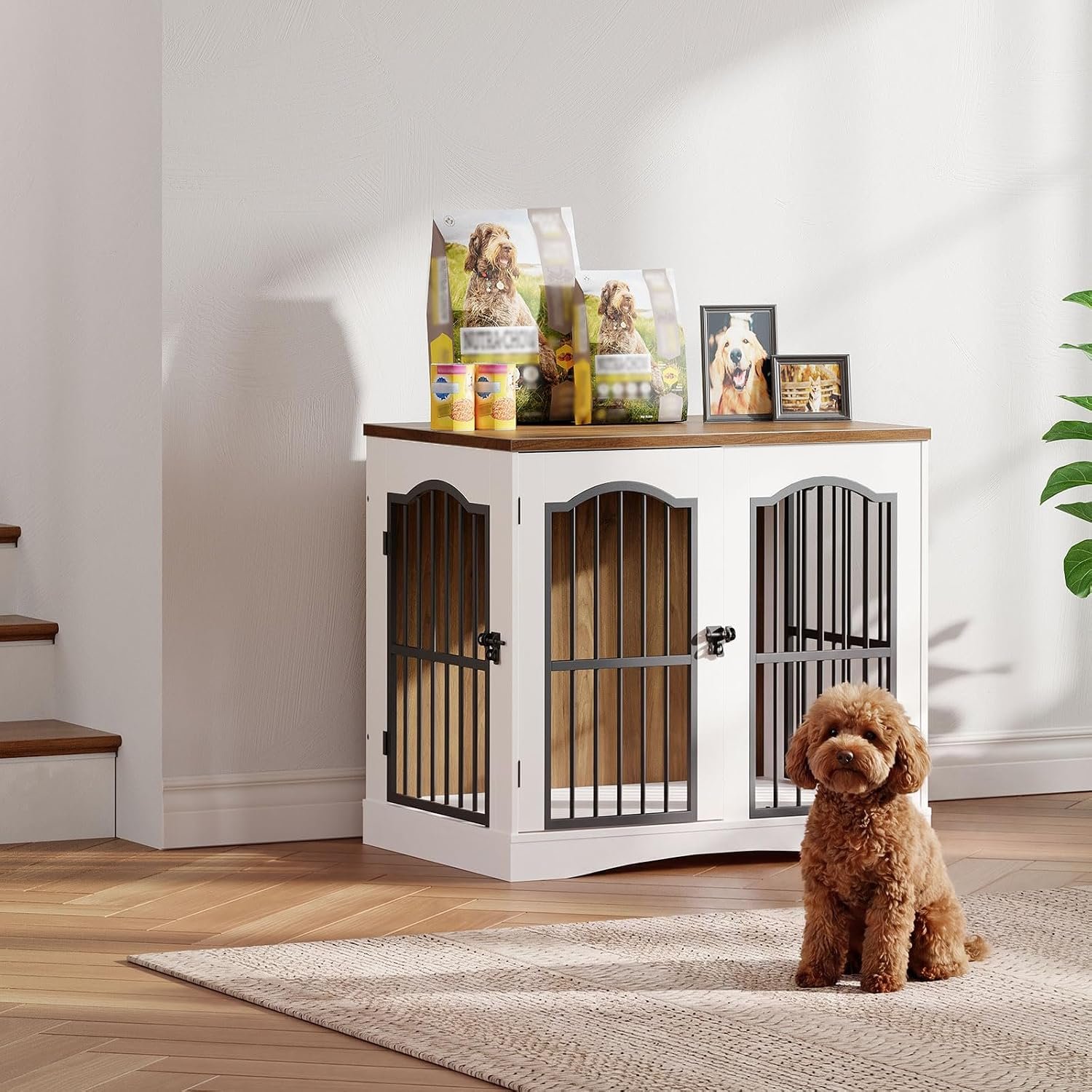 HOOBRO 26.8" Wooden Dog Crate Furniture, Heavy Duty Dog Crate Indoor with 3 Doors, Dog Cage for Small/Medium Dogs, Decorative Pet House Side End Table TV Stand, White and Walnut WH64GW03 - Image 6