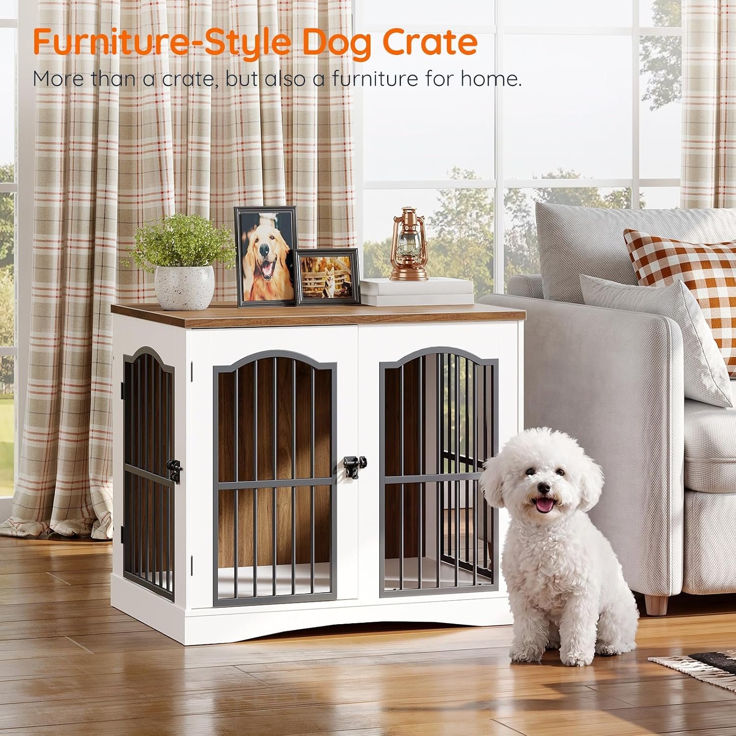 HOOBRO 26.8" Wooden Dog Crate Furniture, Heavy Duty Dog Crate Indoor with 3 Doors, Dog Cage for Small/Medium Dogs, Decorative Pet House Side End Table TV Stand, White and Walnut WH64GW03 - Image 5