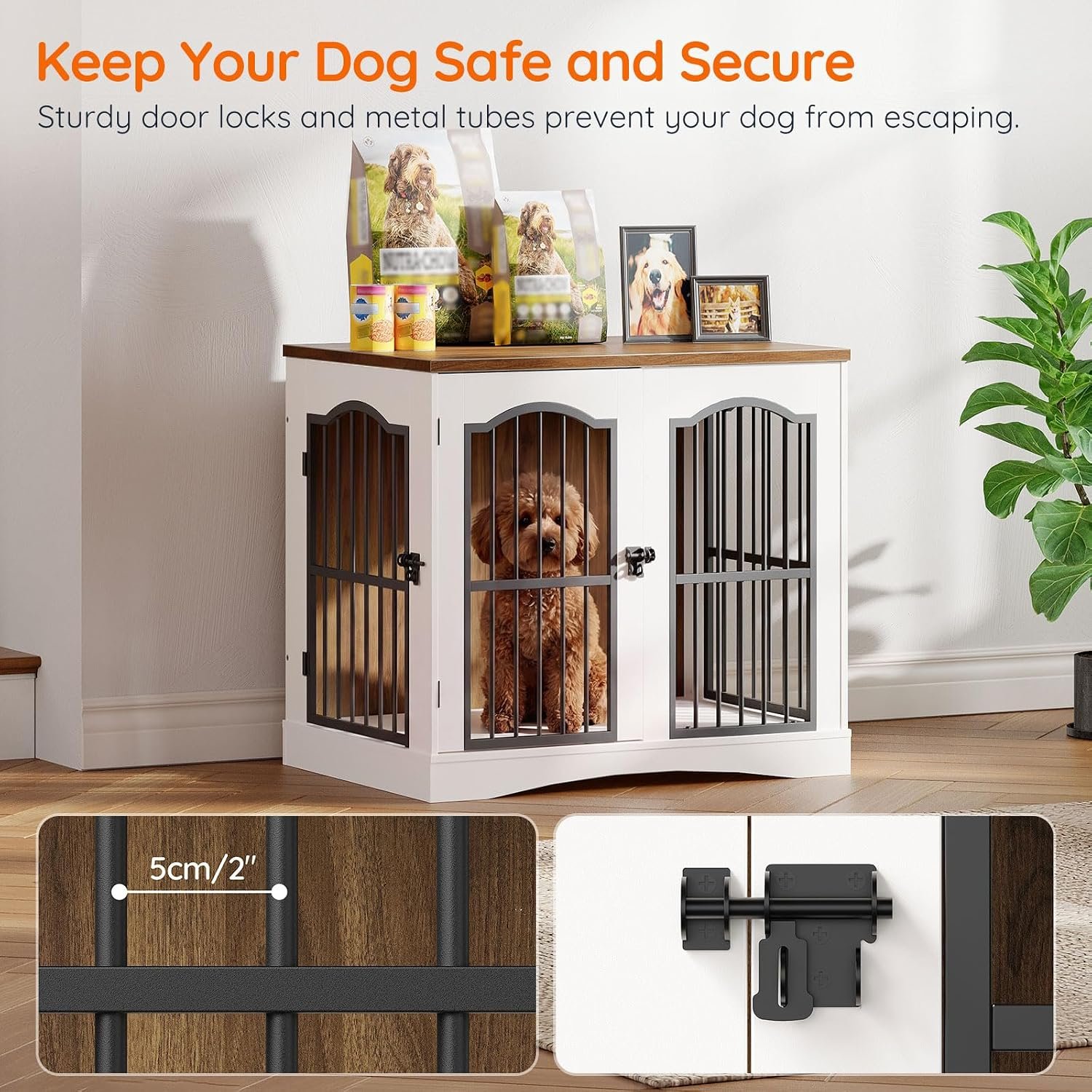 HOOBRO 26.8" Wooden Dog Crate Furniture, Heavy Duty Dog Crate Indoor with 3 Doors, Dog Cage for Small/Medium Dogs, Decorative Pet House Side End Table TV Stand, White and Walnut WH64GW03 - Image 3