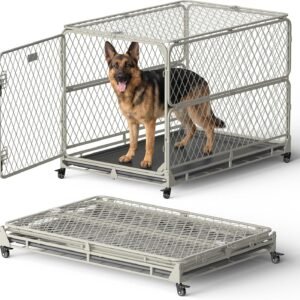 42 Inch Collapsible Dog Crate for Large Dogs, Foldable Metal Dog Kennel with Reinforced Diamond Wire Mesh, Escape Proof Foldable Dog Cage, Leak-Proof Removable Tray, Double Secure Door Latch