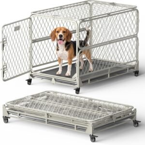 36 Inch Collapsible Dog Crate for Small Dogs, Foldable Metal Dog Kennel with Reinforced Diamond Wire Mesh, Escape Proof Foldable Dog Cage, Leak-Proof Removable Tray, Double Secure Door Latch