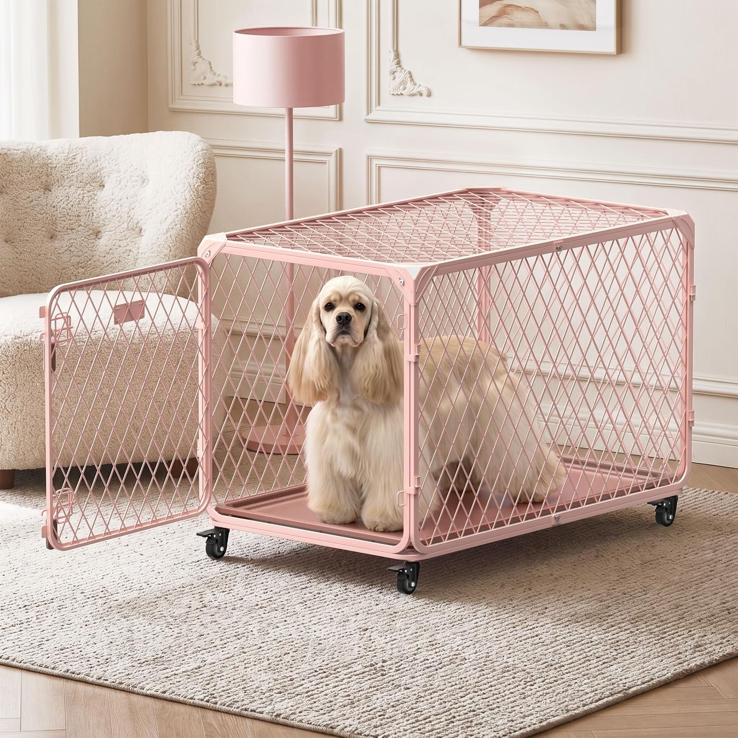 36 Inch Diamond Mesh Medium Dog Crate, 100Lb Capacity, Light Pink