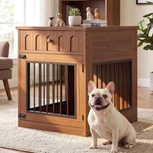 IRONCK 25.6" Small Dog Crate Furniture with Drawer and Flip Top, Walnut