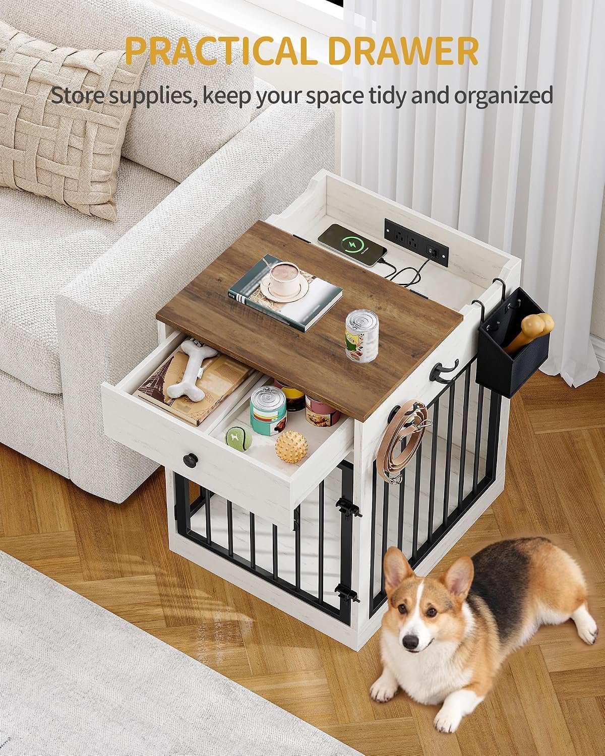 Hzuaneri 24.6 in Dog Crate Furniture with Storage & Power Indoor Dog Kennel - Image 4
